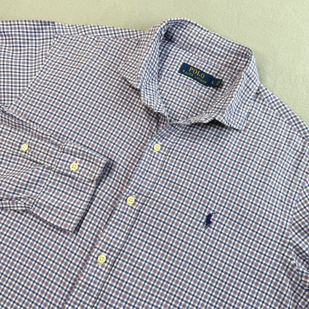 Polo Ralph Lauren Men's Purple Blue Check Gingham Button Down Large Long Sleeve